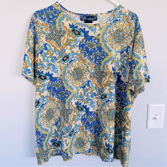 Susan Graver Tops - Susan Graver Liquid Knit Jewel Neck Printed Sparkle Top, Size XL